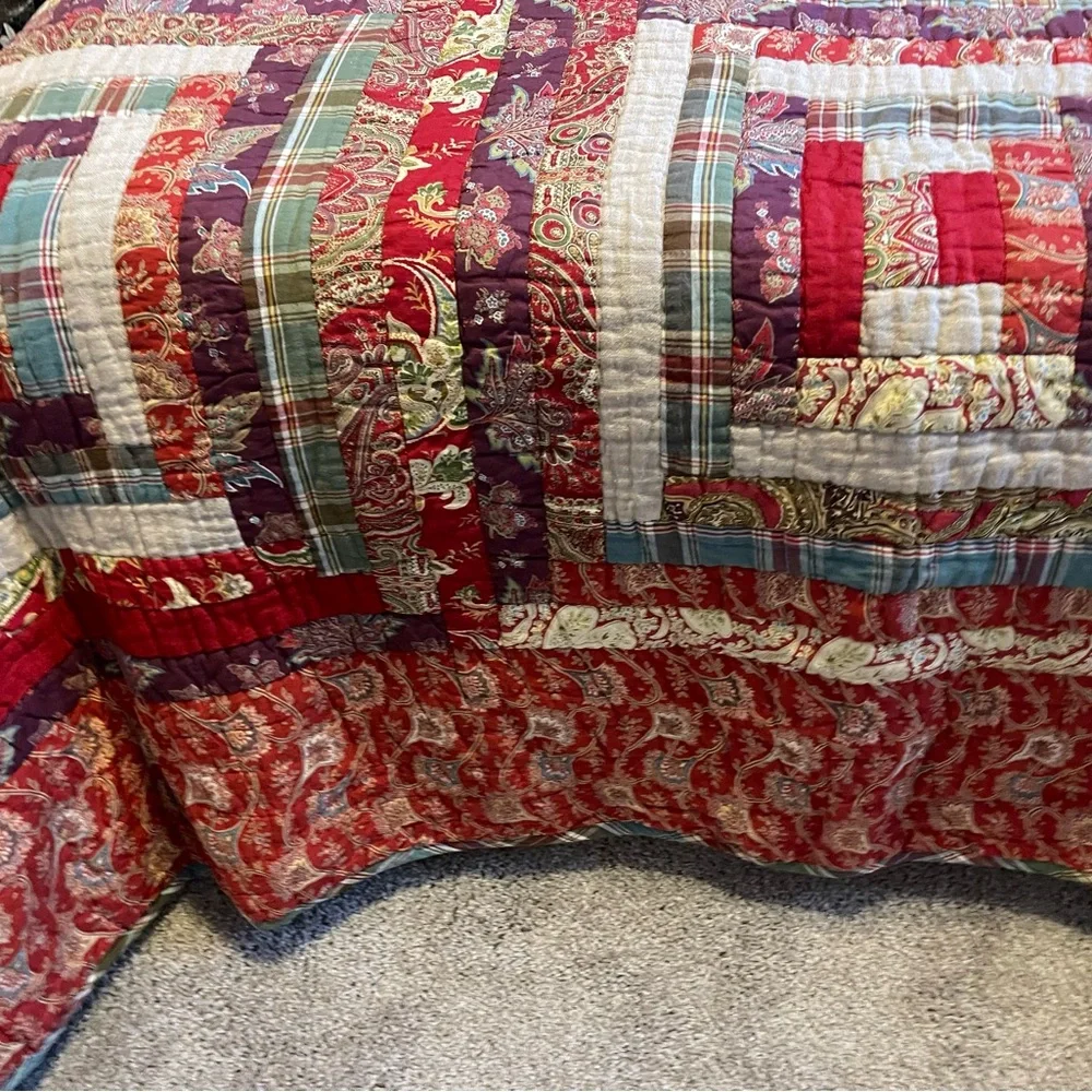 RARE Pottery Barn Vintage Log Cabin Christmas Patchwork Quilt Set- F/Q Multi